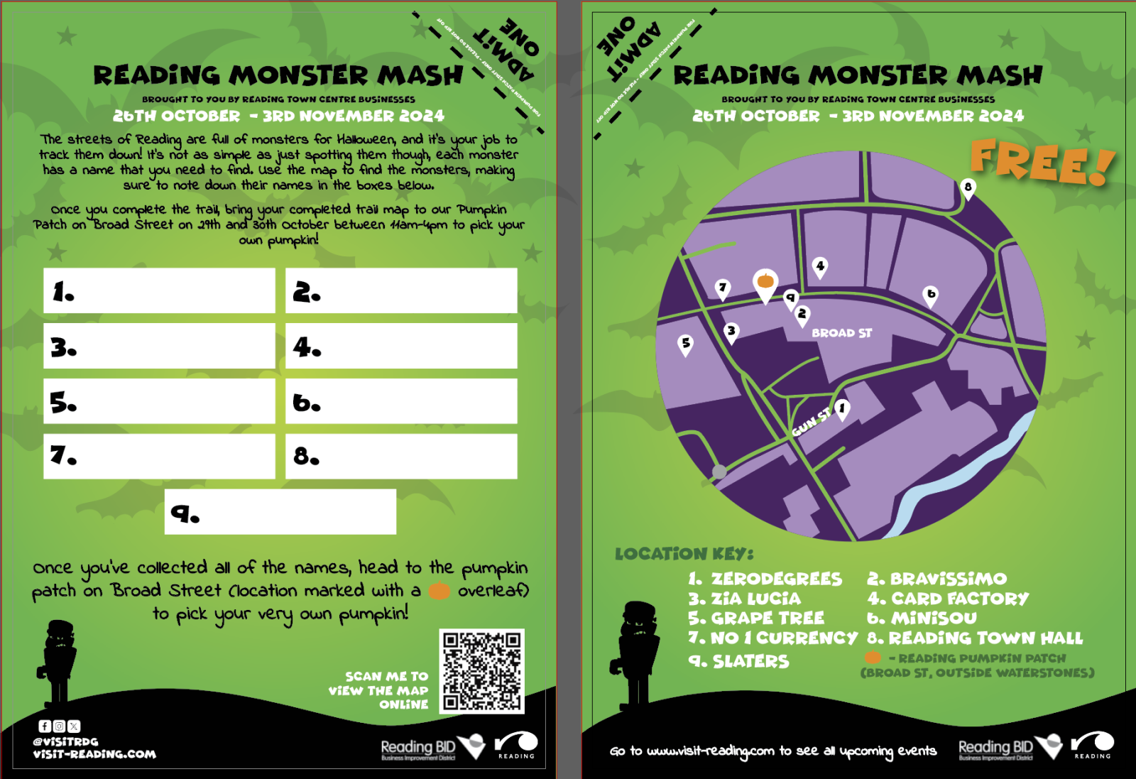 Reading Monster Mash map showing map of Reading town centre and locations to find the monsters